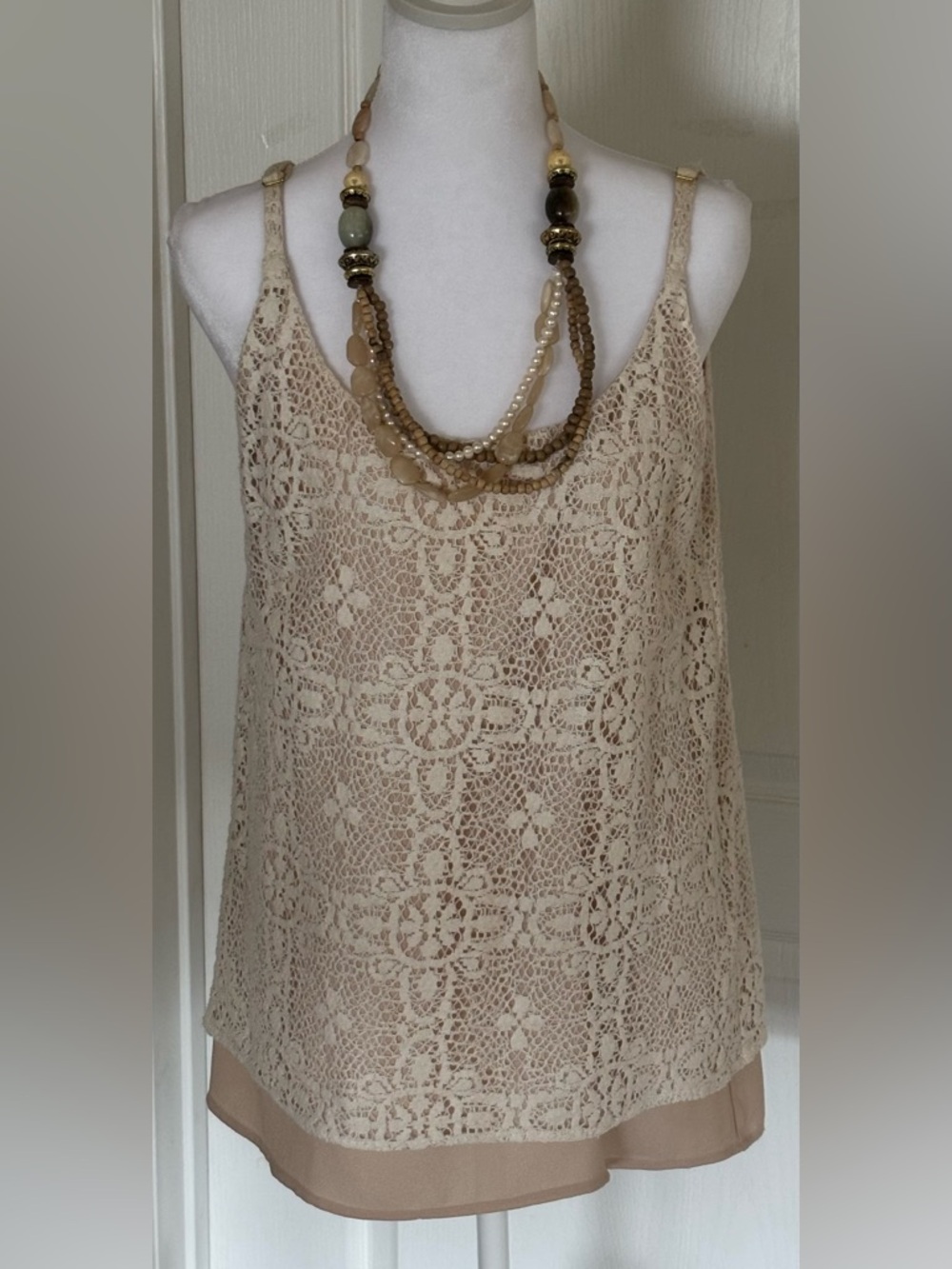 Cabi Cami Cream Crochet Lace Tank Camisole with Beaded Boho Triple Strand
